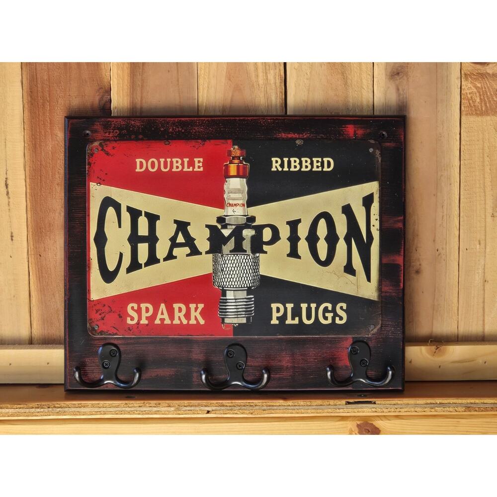 Champion Spark Plug Sign, Rustic, Mounted on Solid Wood, Hooks, Handmade, New